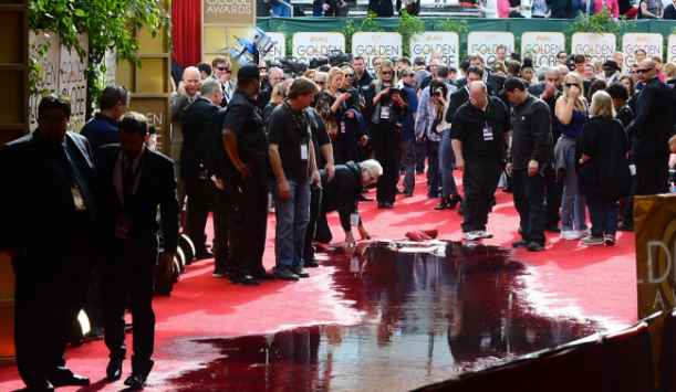 Water soaked the red carpet after it was reported a pipe burst. Photo: Getty Images