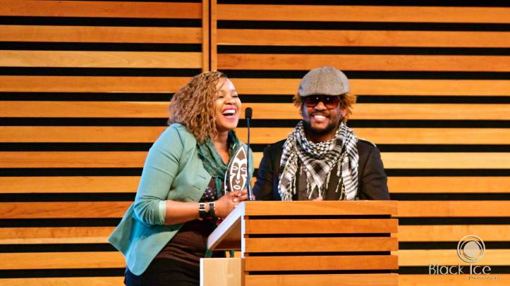 The design duo behind Black Trash Clothing from Botswana accept their award for Best International Designer. (Photo: Black Ice Productions)